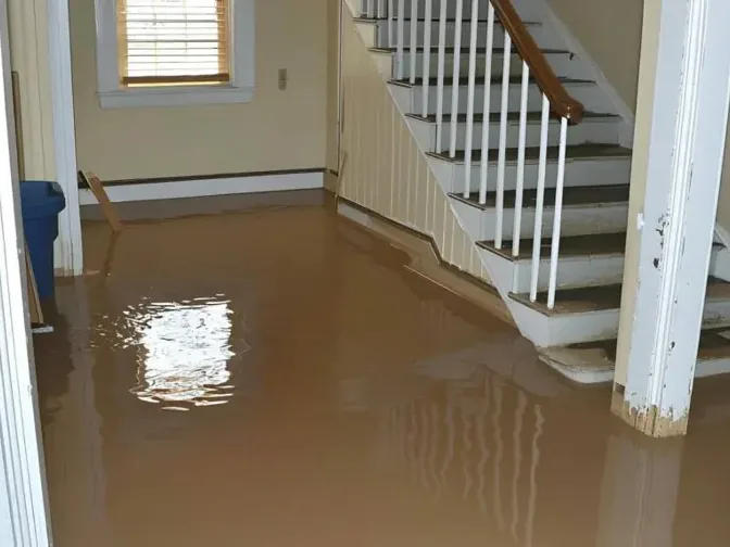 Muddy standing water in a hallway at the bottom of a staircase, waiting for extraction