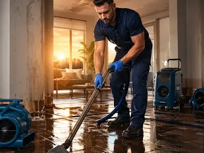 Restoration technician pulling standing water out of a home with an extraction wand, the first step before air movers and dehumidifiers go in