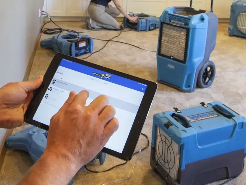Drying readings recorded on a tablet next to running dehumidifiers and air movers